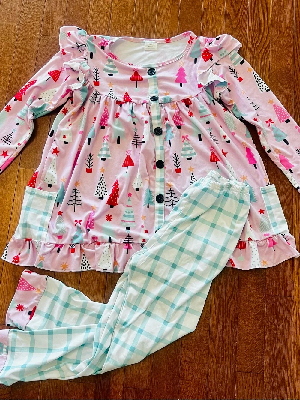 Girls Pink Holiday Tree Print Set with Mint Plaid Pants